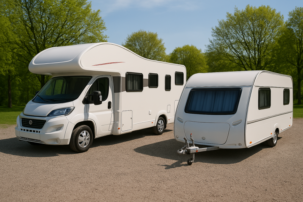 a white rv parked next to a white trailer